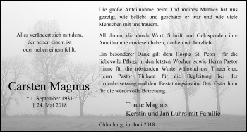 Traueranzeige von Carsten Magnus von Nordwest-Zeitung