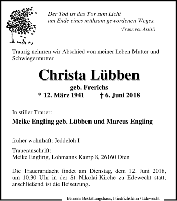 Traueranzeige von Christa Lübben von Nordwest-Zeitung