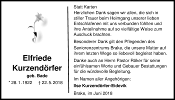 Traueranzeige von Elfriede Kurzendörfer von Nordwest-Zeitung