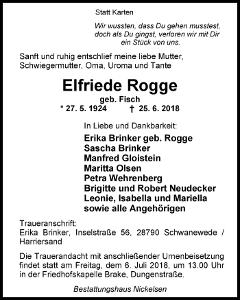Traueranzeige von Elfriede Rogge von Nordwest-Zeitung