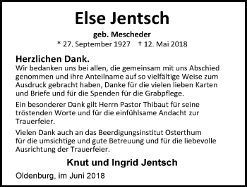 Traueranzeige von Else Jentsch von Nordwest-Zeitung