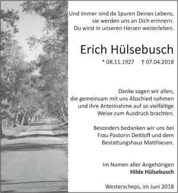 Traueranzeige von Erich Hülsebusch von Nordwest-Zeitung