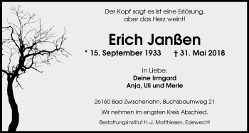 Traueranzeige von Erich Janßen von Nordwest-Zeitung