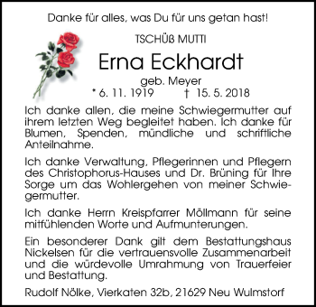 Traueranzeige von Erna Eckhardt von Nordwest-Zeitung