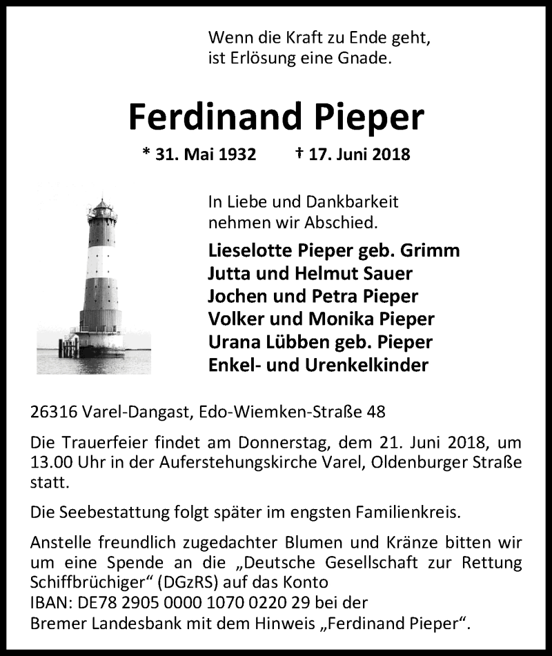  Traueranzeige für Ferdinand Pieper vom 19.06.2018 aus Nordwest-Zeitung