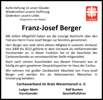 Traueranzeige von Franz-Josef Berger von Nordwest-Zeitung
