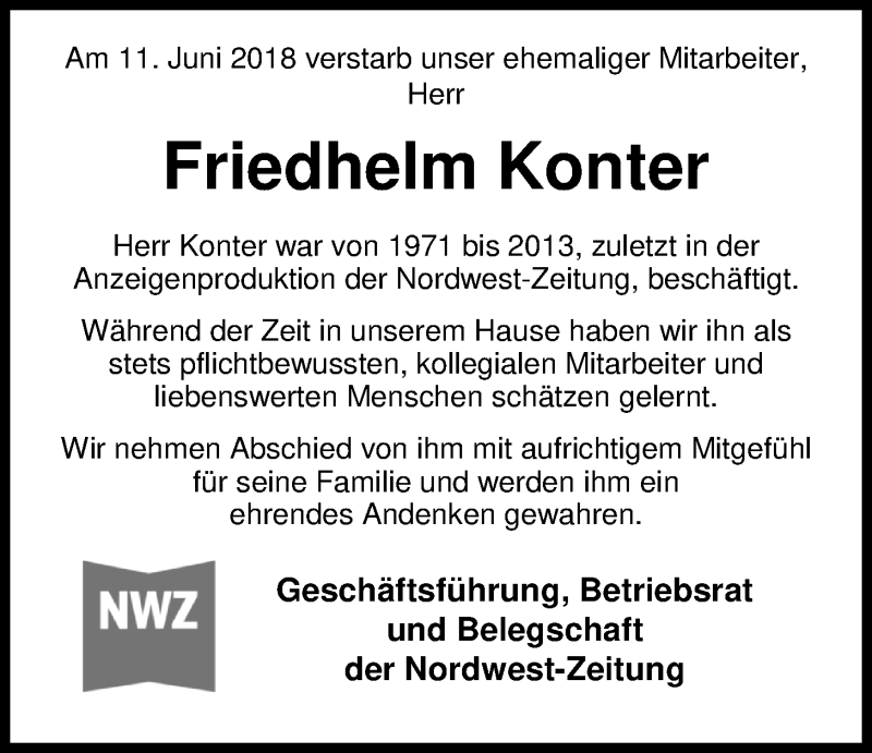  Traueranzeige für Friedhelm Konter vom 16.06.2018 aus Nordwest-Zeitung
