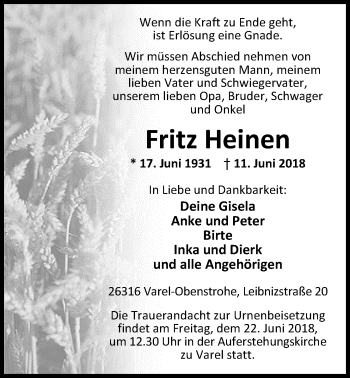 Traueranzeige von Fritz Heinen von Nordwest-Zeitung