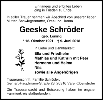 Traueranzeige von Geeske Schröder von Nordwest-Zeitung