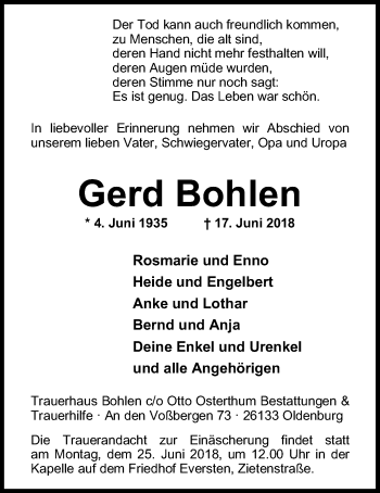 Traueranzeige von Gerd Bohlen von Nordwest-Zeitung