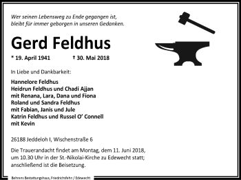 Traueranzeige von Gerd Feldhus von Nordwest-Zeitung