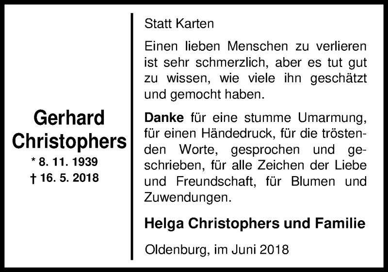  Traueranzeige für Gerhard Christophers vom 16.06.2018 aus Nordwest-Zeitung