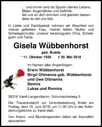 Traueranzeige von Gisela Wübbenhorst von Nordwest-Zeitung