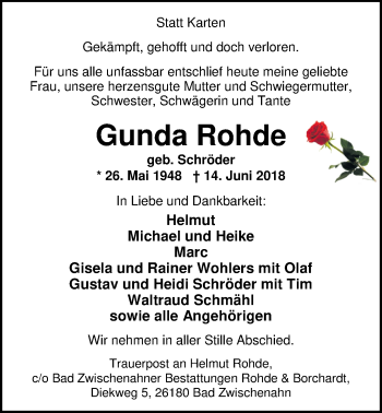 Traueranzeige von Gunda Rohde von Nordwest-Zeitung