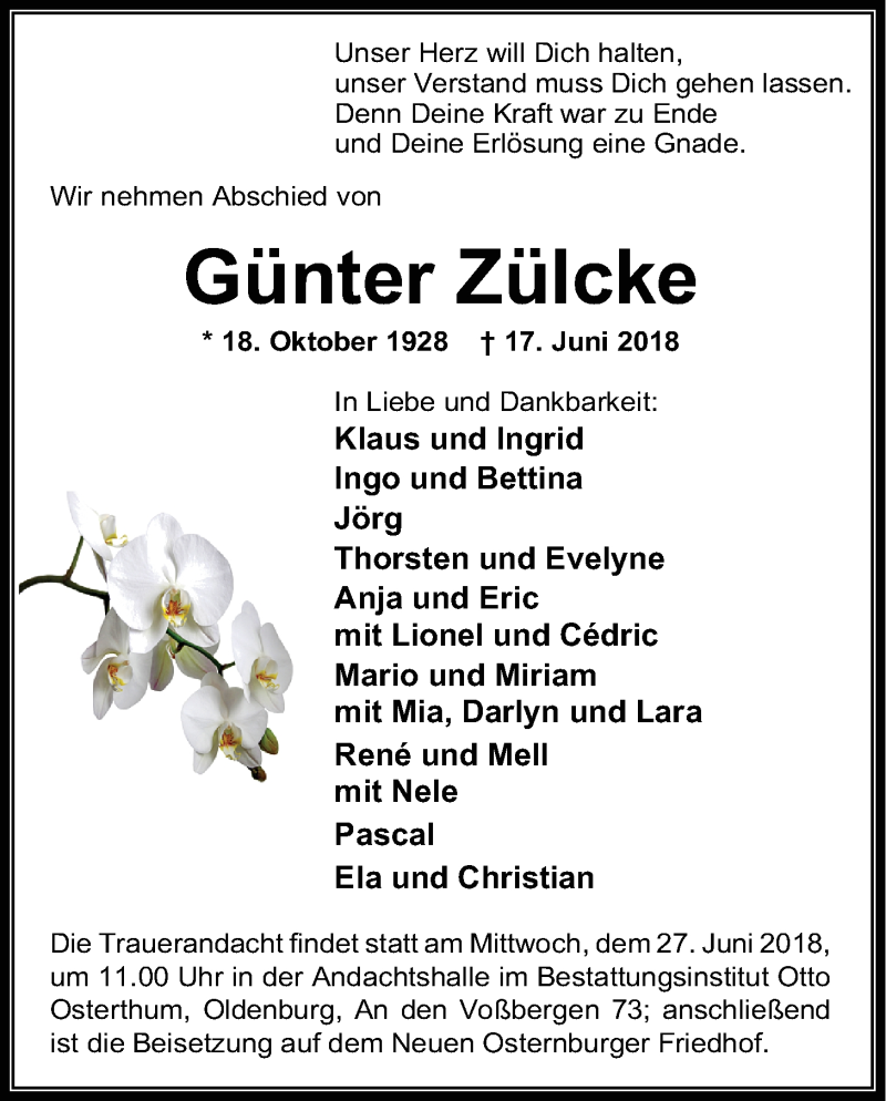  Traueranzeige für Günter Zülcke vom 21.06.2018 aus Nordwest-Zeitung