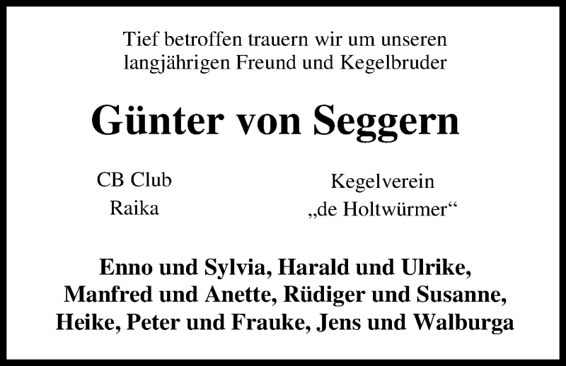  Traueranzeige für Günter von Seggern vom 20.06.2018 aus Nordwest-Zeitung
