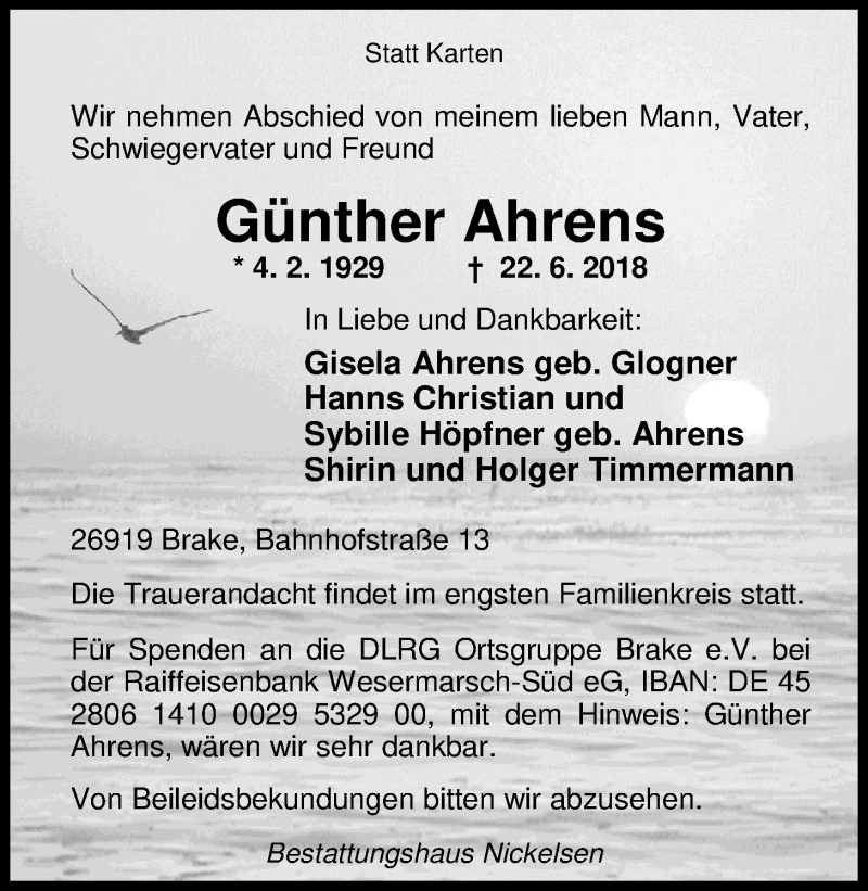  Traueranzeige für Günther Ahrens vom 30.06.2018 aus Nordwest-Zeitung