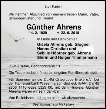 Traueranzeige von Günther Ahrens von Nordwest-Zeitung