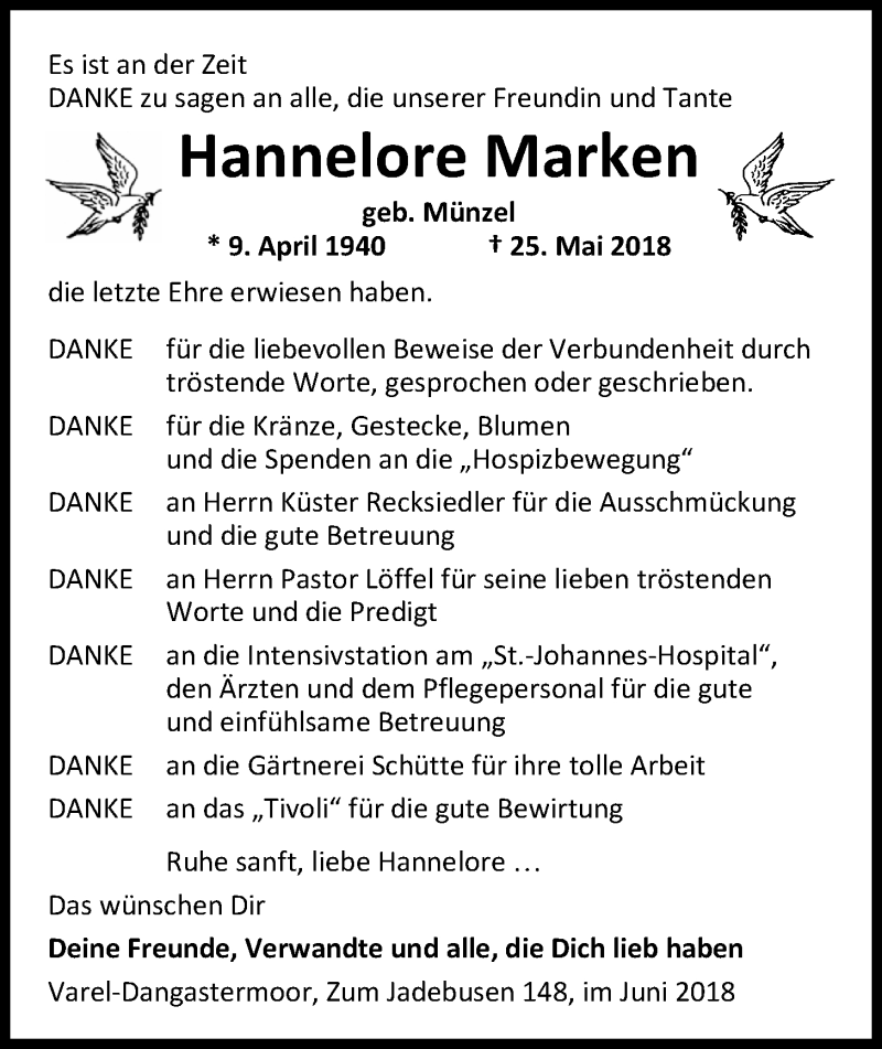  Traueranzeige für Hannelore Marken vom 15.06.2018 aus Nordwest-Zeitung