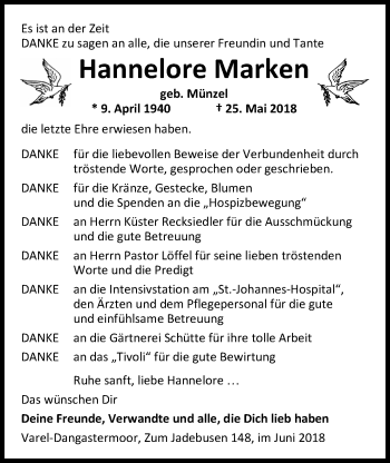 Traueranzeige von Hannelore Marken von Nordwest-Zeitung