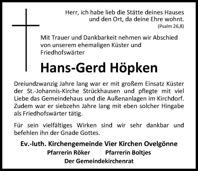  Traueranzeige für Hans-Gerd Höpken vom 12.06.2018 aus Nordwest-Zeitung