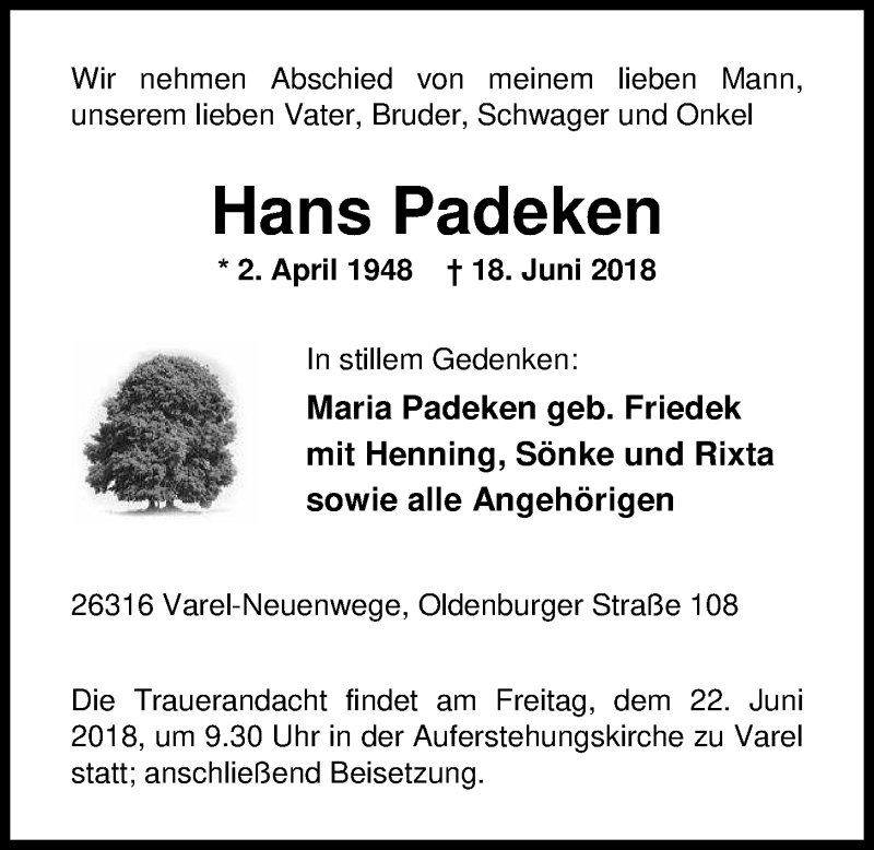  Traueranzeige für Hans Padeken vom 20.06.2018 aus Nordwest-Zeitung