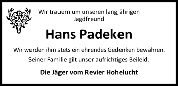 Traueranzeige von Hans Padeken von Nordwest-Zeitung