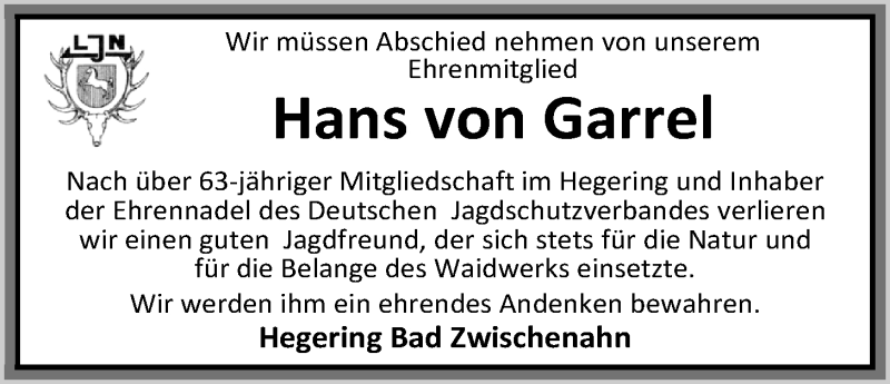  Traueranzeige für Hans von Garrel vom 02.06.2018 aus Nordwest-Zeitung