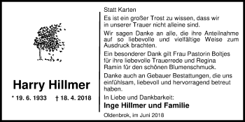 Traueranzeige von Harry Hillmer von Nordwest-Zeitung