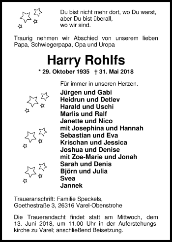 Traueranzeige von Harry Rohlfs von Nordwest-Zeitung