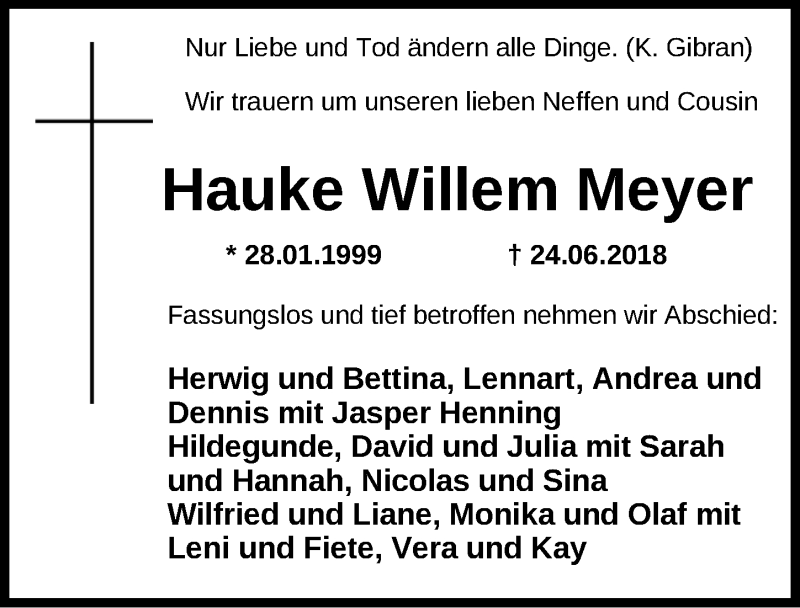  Traueranzeige für Hauke Willem Meyer vom 28.06.2018 aus Nordwest-Zeitung