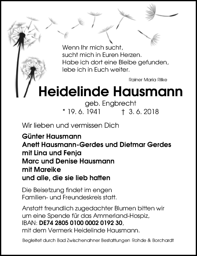  Traueranzeige für Heidelinde Hausmann vom 06.06.2018 aus Nordwest-Zeitung