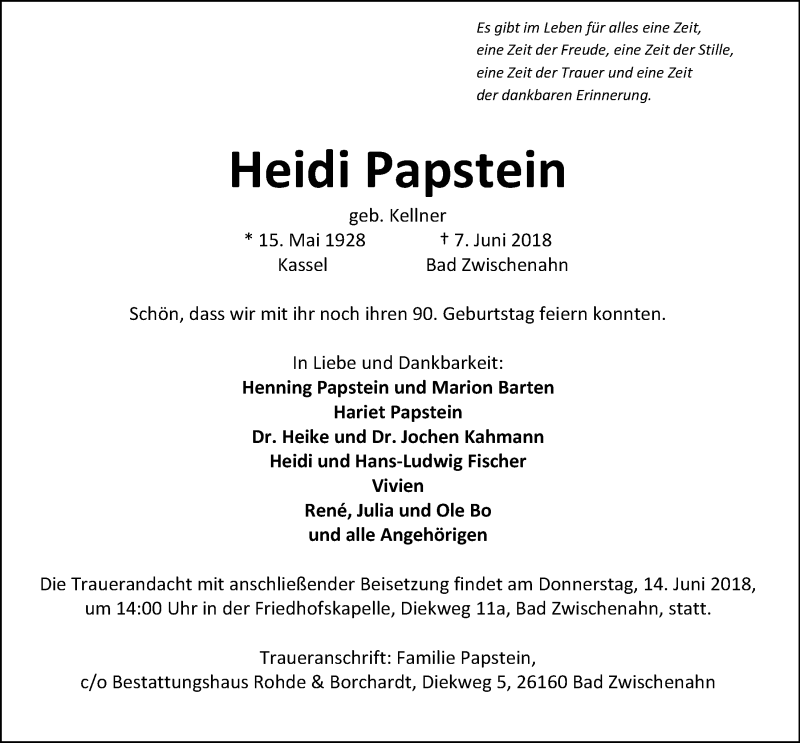  Traueranzeige für Heidi Papstein vom 09.06.2018 aus Nordwest-Zeitung