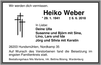 Traueranzeige von Heiko Weber von Nordwest-Zeitung