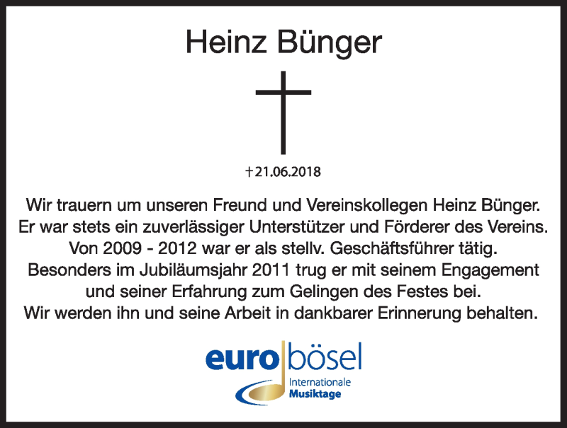  Traueranzeige für Heinz Bünger vom 26.06.2018 aus Nordwest-Zeitung