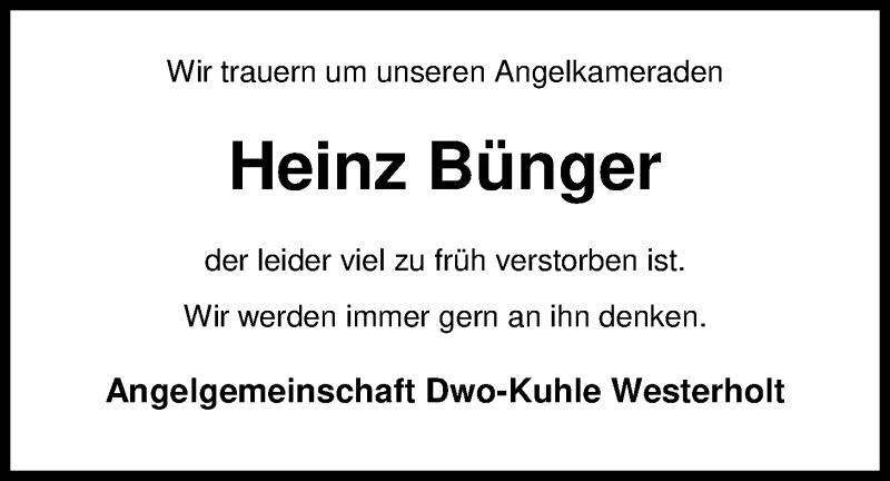  Traueranzeige für Heinz Bünger vom 25.06.2018 aus Nordwest-Zeitung