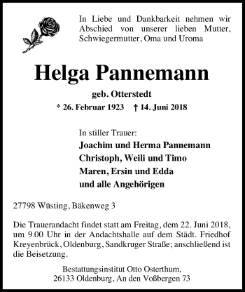 Traueranzeige von Helga Pannemann von Nordwest-Zeitung