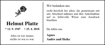 Traueranzeige von Helmut Platte von Nordwest-Zeitung