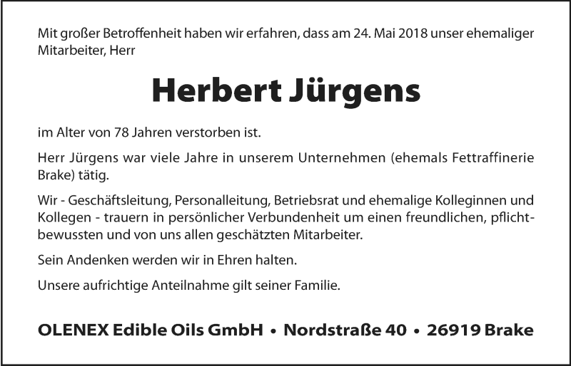  Traueranzeige für Herbert Jürgens vom 05.06.2018 aus Nordwest-Zeitung