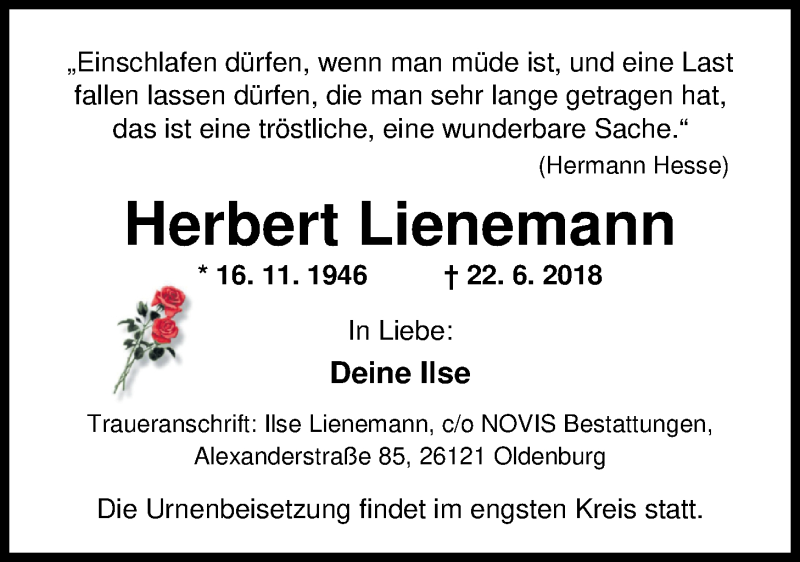  Traueranzeige für Herbert Lienemann vom 30.06.2018 aus Nordwest-Zeitung