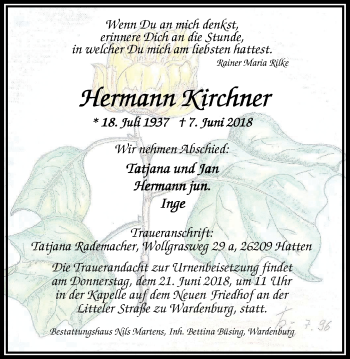Traueranzeige von Hermann Kirchner von Nordwest-Zeitung