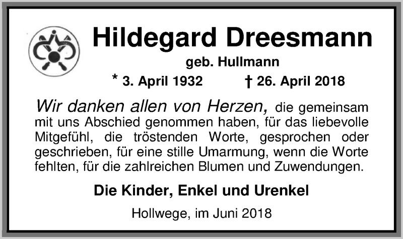  Traueranzeige für Hildegard Dreesmann vom 02.06.2018 aus Nordwest-Zeitung