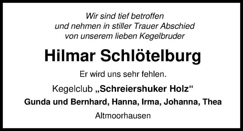  Traueranzeige für Hilmar Schlötelburg vom 12.06.2018 aus Nordwest-Zeitung