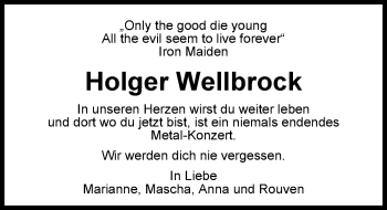 Traueranzeige von Holger Wellbrock von Nordwest-Zeitung