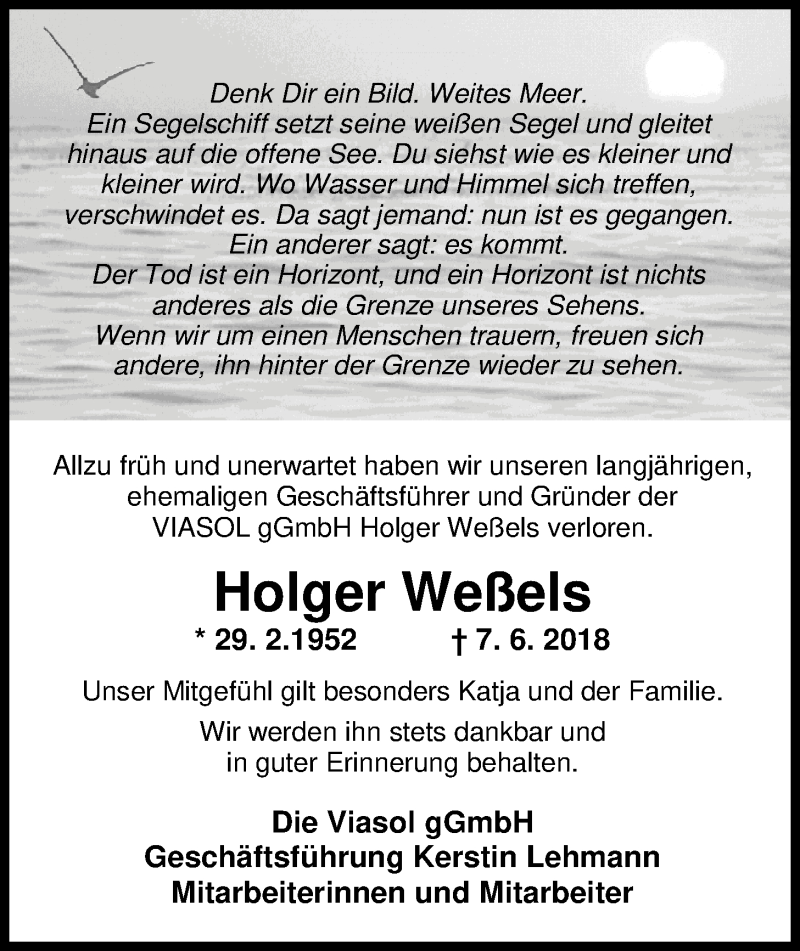  Traueranzeige für Holger Weßels vom 12.06.2018 aus Nordwest-Zeitung