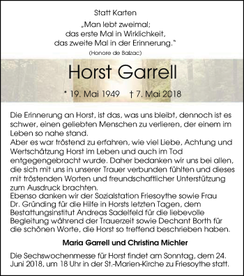 Traueranzeige von Horst Garrell von Nordwest-Zeitung