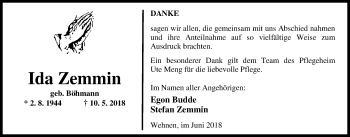 Traueranzeige von Ida Zemmin von Nordwest-Zeitung