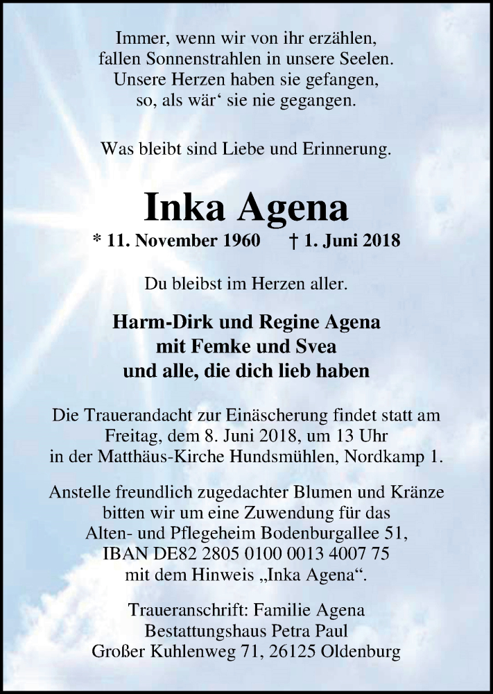  Traueranzeige für Inka Agena vom 05.06.2018 aus Nordwest-Zeitung