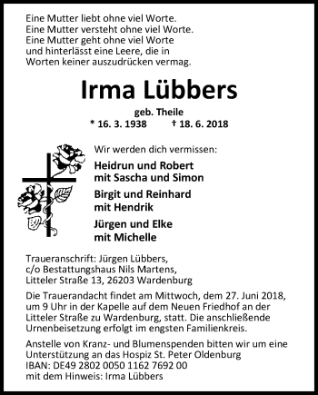 Traueranzeige von Irma Lübbers von Nordwest-Zeitung