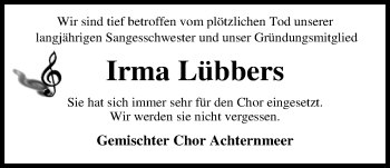 Traueranzeige von Irma Lübbers von Nordwest-Zeitung